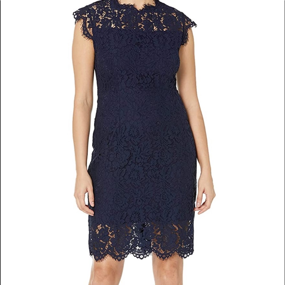 Crew Neck Lace Cocktail Dress- Navy